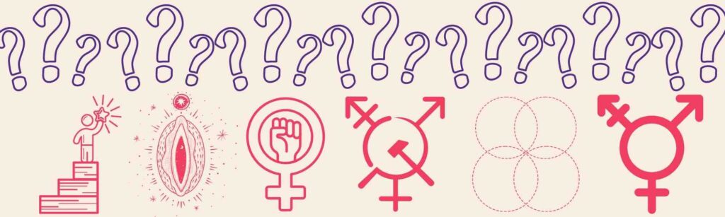 Imagem com símbolos de cada Vertente do Feminismo que será apresentada no artigo do blog. Os símbolos estão em rosa. A imagem também apresenta interrogações roxas. 