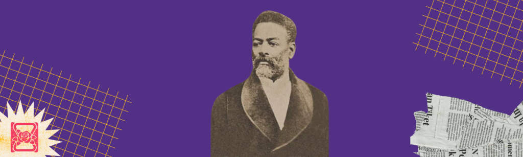 Imagem de Luís Gama, com fundo roxo e logo da Historiadelas na esquerda inferior. 